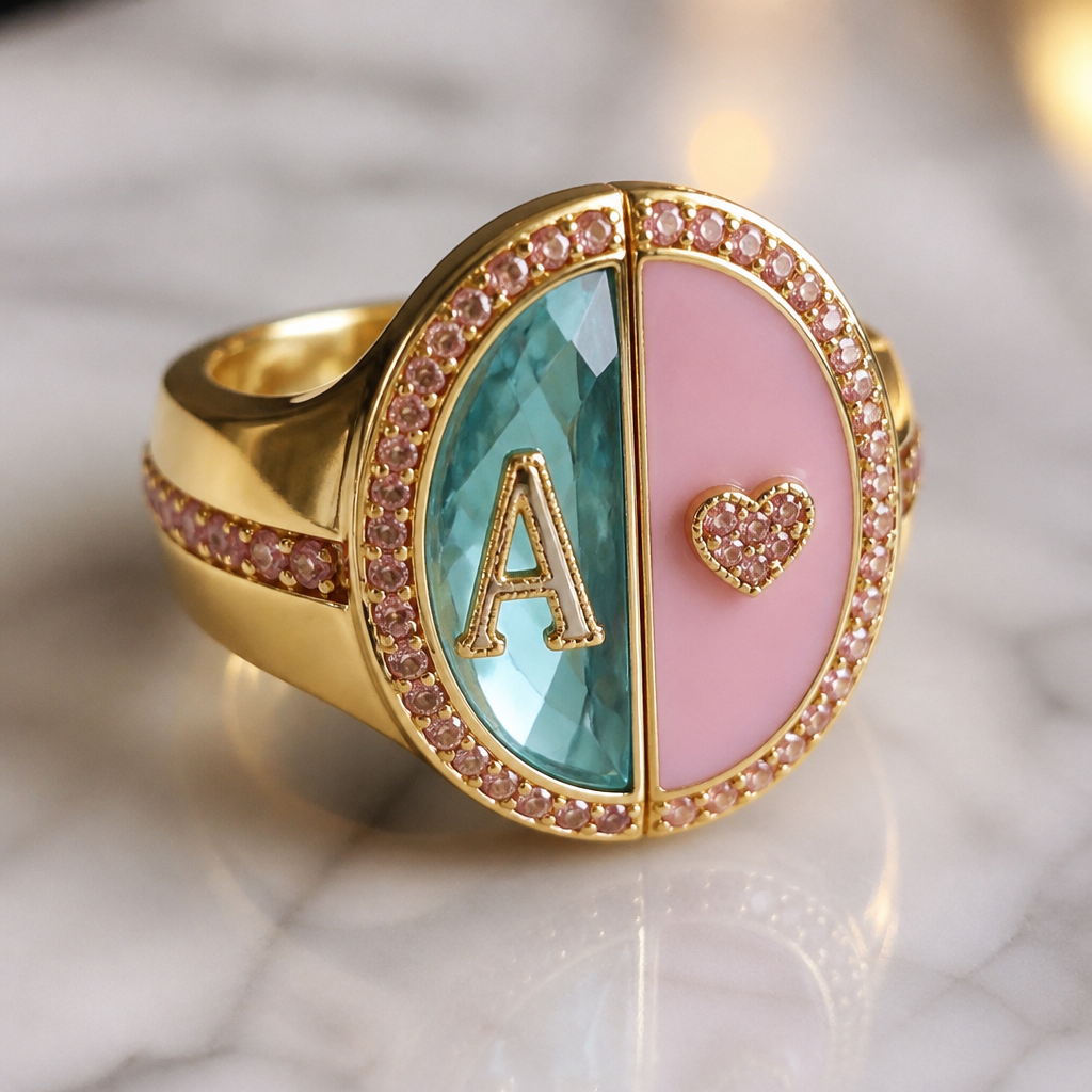 A modern women's ring made of gold suitable for birthday. um anel de 15 anos mais grosso com pedra azul com a inicial e na cor rosa com pedrinhas com frase dentro
photorealistic jewelry design, A modern women's ring made of gold suitable for birthday. um anel de 15 anos mais grosso com pedra azul com a inicial e na cor rosa com pedrinhas com frase dentro, modern style, just the design no text