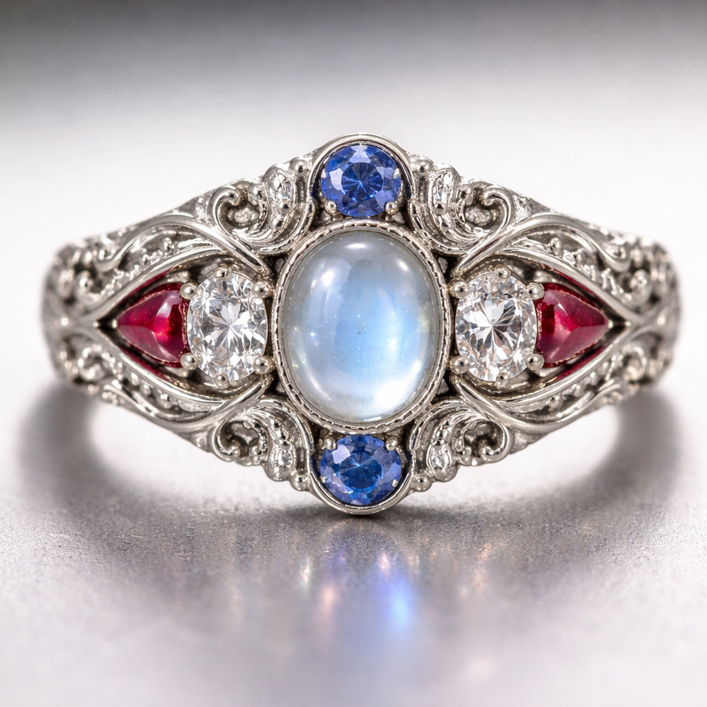 A beautiful silver band with beautiful designs in the middle of a ring a beautiful moonstone with two old mine diamonds complete with two Burmese rubies and topping it all off with two beautiful sapphires
A beautiful silver band with beautiful designs in the middle of a ring a beautiful moonstone with two old mine diamonds complete with two Burmese rubies and topping it all off with two beautiful sapphires, sculptural style