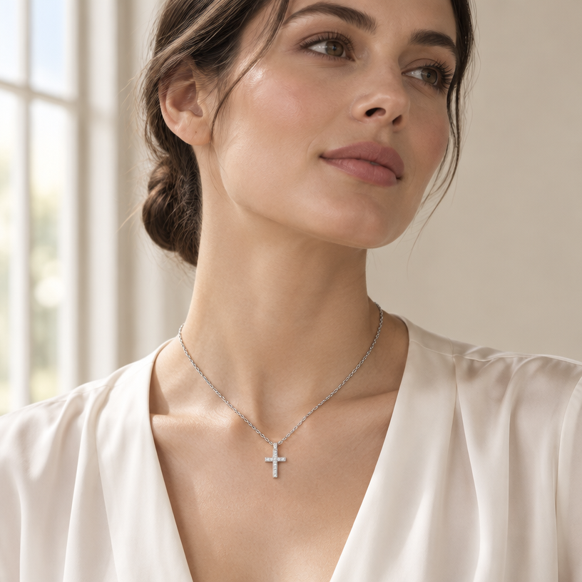 Jewelry photoshoot (worn)
Show the jewelry piece from the image worn by an elegant model in a professional editorial photograph, soft studio lighting. Reproduce the jewelry's exact design, metal, stones and details faithfully. Photorealistic, no text. Additional instructions: "Photorealistic, close-up editorial shot of an elegant young woman with soft, natural features, wearing a classic elegant blouse, standing near a large window with soft natural daylight gently illuminating her neck and collarbone, her head slightly tilted, chin gracefully lifted, her gaze calm and serene. Her hair is styled in a sleek low bun, fully exposing her neck and collarbone. She is wearing a delicate, minuscule sterling silver necklace featuring a small polished cross pendant, resting naturally at the base of her throat. She is not wearing any earrings. Soft light creates a subtle gleam on the cross and her collarbone, with gentle shadow for depth. Minimalist neutral cream backdrop, shallow depth of field, sharp focus on the necklace and skin texture, soft bokeh elsewhere. 8k resolution, cinematic quality, luxury jewelry campaign aesthetic. Make sure the necklace chain stays as it is in the picture, meaning do not add any stones to it.
Jewelry scale note: the cross pendant must be small, delicate and realistically proportioned — not oversized or exaggerated, true to how fine jewelry actually looks in real life.".