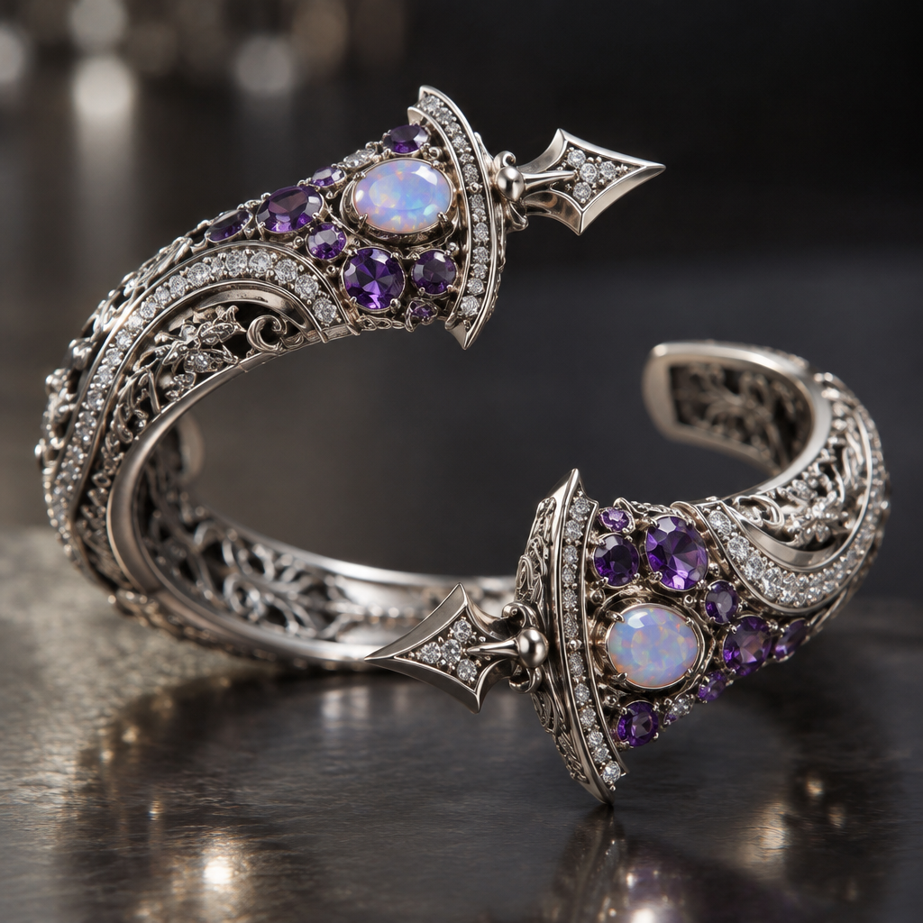 A victorian women's bracelet made of silver with opal and amethyst stones suitable for party. A thick, luxurious Gothic Victorian-inspired silver cuff bracelet with a circular open-ended shape. The two ends do not meet; there is always a visible gap between them. One end curves upward and the other curves downward, creating an asymmetrical open silhouette. Each extended end terminates in an elegant miniature sword-shaped tip, like two crossed sword blades pointing toward each other without touching. Amethyst gemstones and silver gemstones are arranged only near the two ends, never around the entire bracelet. The gemstones are placed in 3–4 neat rows, with one arrangement on the upward end and a separate arrangement on the downward end. The center of the bracelet remains mostly plain silver with intricate Gothic metalwork. Add many tiny sparkling diamond-like stones across the silver surface for an intense luxurious sparkle. Highly detailed antique silver, dramatic Gothic elegance, intricate Victorian craftsmanship, magnificent statement jewelry, realistic high-end jewelry design.
photorealistic jewelry design, A victorian women's bracelet made of silver with opal and amethyst stones suitable for party. A thick, luxurious Gothic Victorian-inspired silver cuff bracelet with a circular open-ended shape. The two ends do not meet; there is always a visible gap between them. One end curves upward and the other curves downward, creating an asymmetrical open silhouette. Each extended end terminates in an elegant miniature sword-shaped tip, like two crossed sword blades pointing toward each other without touching. Amethyst gemstones and silver gemstones are arranged only near the two ends, never around the entire bracelet. The gemstones are placed in 3–4 neat rows, with one arrangement on the upward end and a separate arrangement on the downward end. The center of the bracelet remains mostly plain silver with intricate Gothic metalwork. Add many tiny sparkling diamond-like stones across the silver surface for an intense luxurious sparkle. Highly detailed antique silver, dramatic Gothic elegance, intricate Victorian craftsmanship, magnificent statement jewelry, realistic high-end jewelry design., victorian style, just the design no text