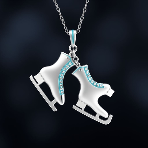 Silver pendant in the shape of ice skating blades with a turquoise stripe within the blade