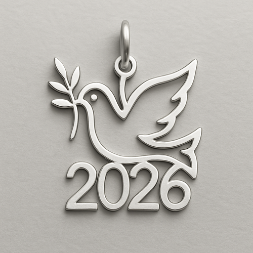 Silver minimal cut-out abstract charm blending together the pigeon of peace hold an olive branch along the year 2026
