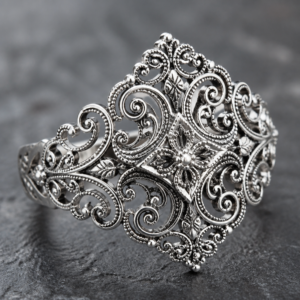 A filigree women's ring made of silver, highly ornate, intricate and elaborate, richly detailed
photorealistic jewelry design, A filigree women's ring made of silver, highly ornate, intricate and elaborate, richly detailed, filigree style, just the design no text