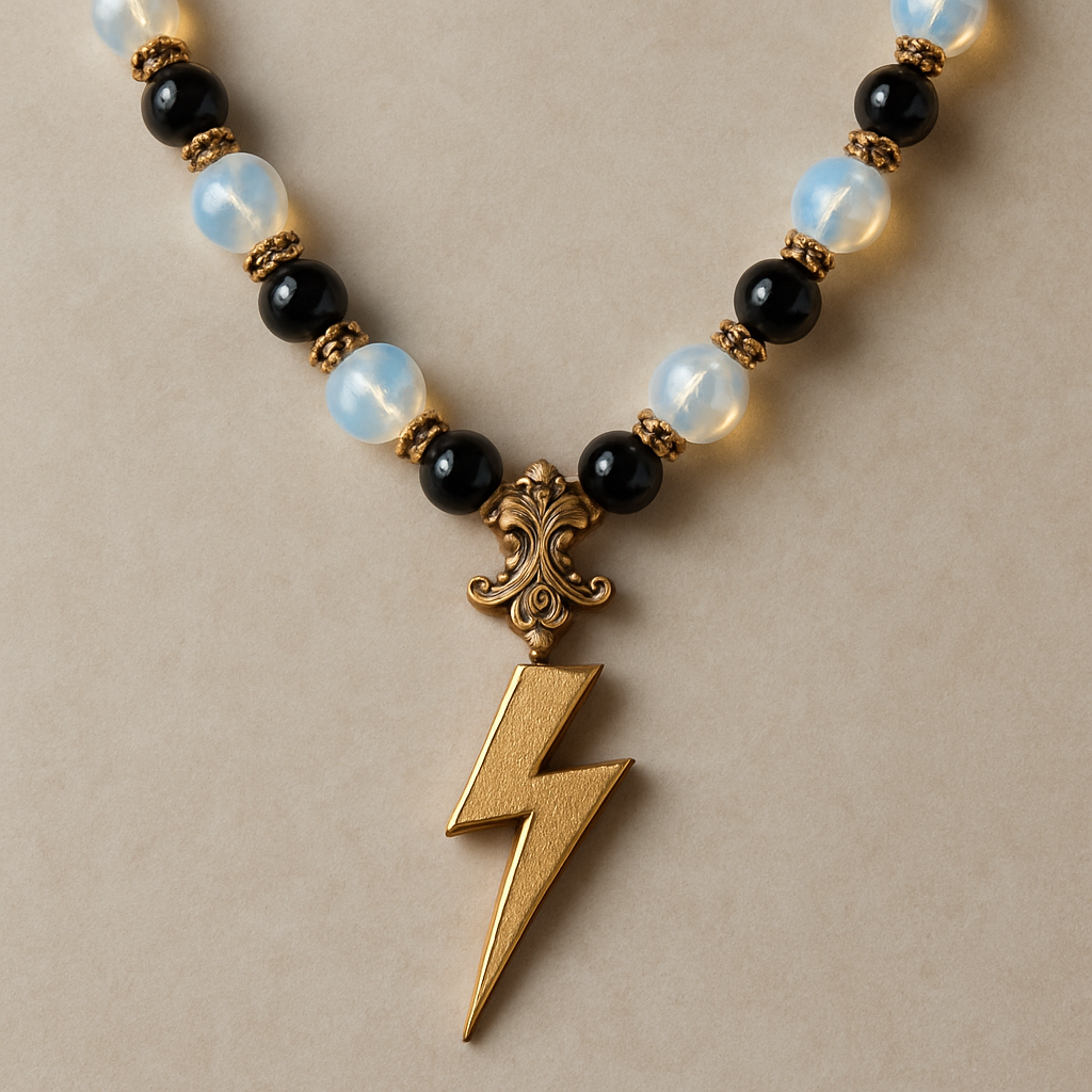 Opalite and onyx necklace with a gold lightening strike pendent