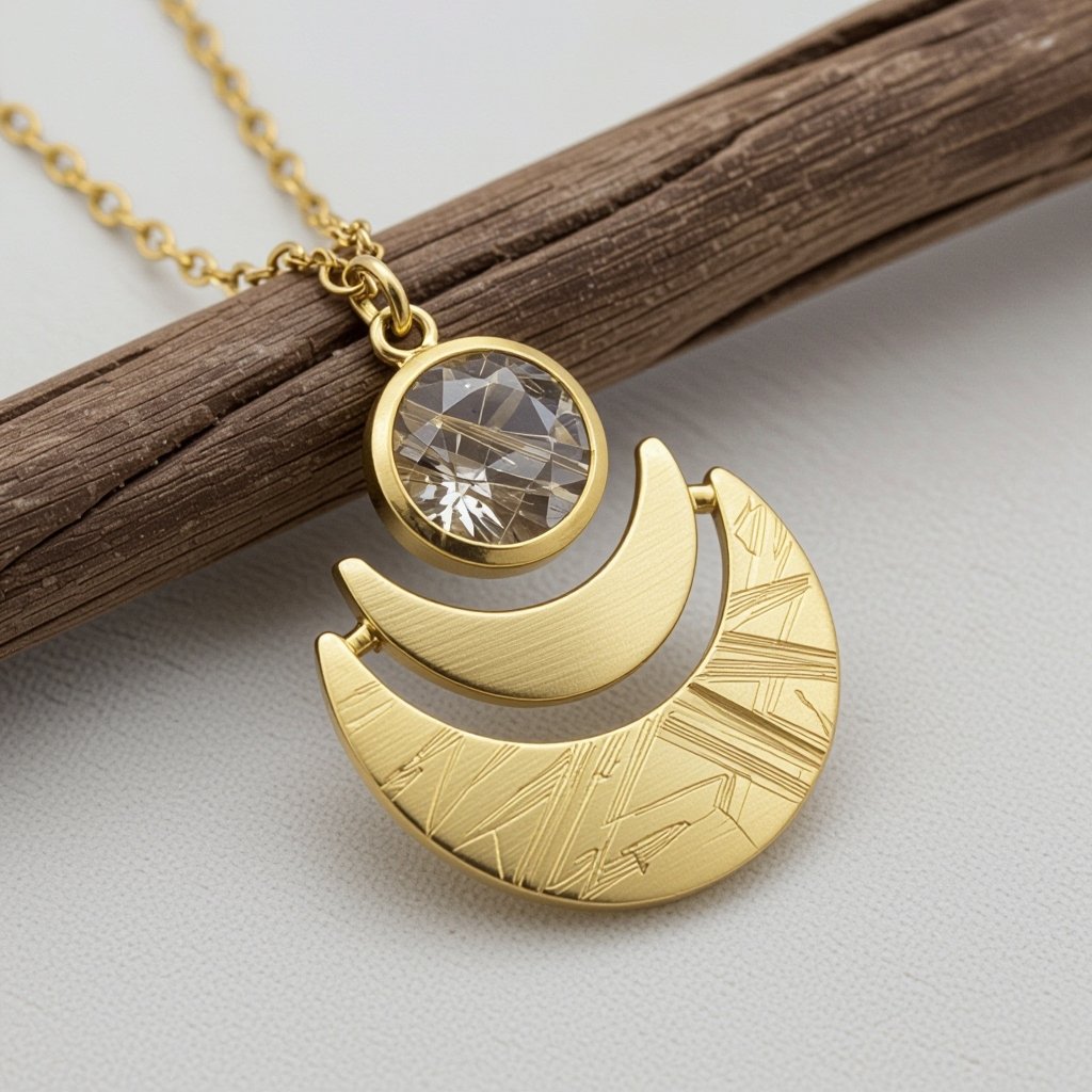 Подвеска из трех полумесяцев с узорами и камнями раухтопаза из матового неровного светлого золота с узорами соединенных цепочкой сверху самый широкий полукруг дальше средний и снизу самый маленький
