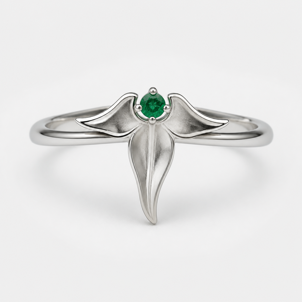 A women's ring. Ein filigraner Silberring, mit einem oben zentral platzierten Winzigen grünen Smaragd. Also Zierelemente soll ein Blatt aus Silber auf die Ringschiene gesetzt werden. Das Blatt sollen drei weiche spitzen haben. Eine Mittlere und zwei im annähernd rechten Winkel nach links und rechts von der Blattmitte abstehend. Die Mittlere Blattspitze soll flach zulaufen und sich dabei leicht nach rechts schwingen, wobei die Spitze wieder annähernd Mittig endet. Die Spitze soll abgerundet sein. Der Mittlere Blattteil soll drei mal so lang sein, wie die anderen Spitzen. Die beiden an der Seite befindlichen Spitzen des Blattes sollen leicht nach oben geschwungen werden. Oben am Blatt soll sich in der Mitte eine halbrunde Vertiefung in richtig mittige Spitze befinden, die von zwei Wölbungen gesäumt wird, welche halbrunde in die entgegengesetzte Richtung zeigen. das Blatt soll sowohl links als auch rechts den Smaragd säumen und mit der Mittleren Spitze entlang der Ringschiene vom Smaragd weg zeigen. Debei sollten die halbrunden Vertiefungen des Blattes den Smaragd mit leichtem Abstand zum Stein und zueinander einsäumen.
photorealistic jewelry design, A women's ring. Ein filigraner Silberring, mit einem oben zentral platzierten Winzigen grünen Smaragd. Also Zierelemente soll ein Blatt aus Silber auf die Ringschiene gesetzt werden. Das Blatt sollen drei weiche spitzen haben. Eine Mittlere und zwei im annähernd rechten Winkel nach links und rechts von der Blattmitte abstehend. Die Mittlere Blattspitze soll flach zulaufen und sich dabei leicht nach rechts schwingen, wobei die Spitze wieder annähernd Mittig endet. Die Spitze soll abgerundet sein. Der Mittlere Blattteil soll drei mal so lang sein, wie die anderen Spitzen. Die beiden an der Seite befindlichen Spitzen des Blattes sollen leicht nach oben geschwungen werden. Oben am Blatt soll sich in der Mitte eine halbrunde Vertiefung in richtig mittige Spitze befinden, die von zwei Wölbungen gesäumt wird, welche halbrunde in die entgegengesetzte Richtung zeigen. das Blatt soll sowohl links als auch rechts den Smaragd säumen und mit der Mittleren Spitze entlang der Ringschiene vom Smaragd weg zeigen. Debei sollten die halbrunden Vertiefungen des Blattes den Smaragd mit leichtem Abstand zum Stein und zueinander einsäumen., modern style, just the design no text
