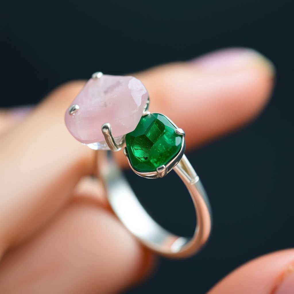 Craft a minimalist silver adjustable ring that delicately embraces the finger. Feature two striking raw natural gemstones—allowing their organic textures and colors to stand out. The design exudes earthy elegance, merging modern style with raw, untamed nature.