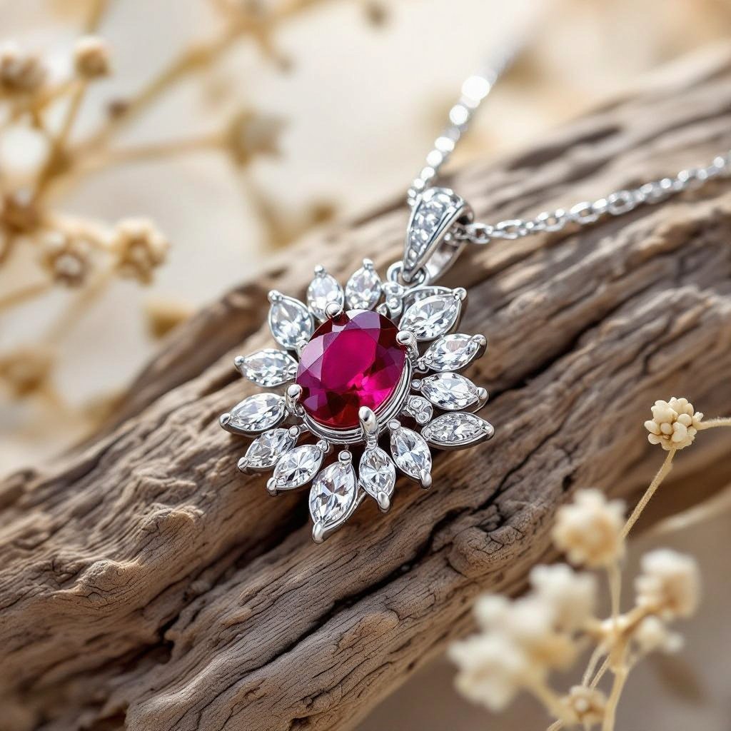 7x5mm oval pigeon blood ruby with 8 marquis cut diamonds each .08ct set in white gold pendant 