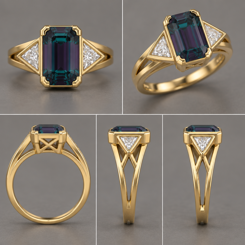 A women's ring. in this picture the Alexandrite is in this picture the Alexandrite at the top is a 14x10 but we have it going east to west, but I need it to go north to south. they are 4mm trillion diamonds on the side
using the attached image as a visual reference, create A women's ring. in this picture the Alexandrite is in this picture the Alexandrite at the top is a 14x10 but we have it going east to west, but I need it to go north to south. they are 4mm trillion diamonds on the side. photorealistic, just the design no text