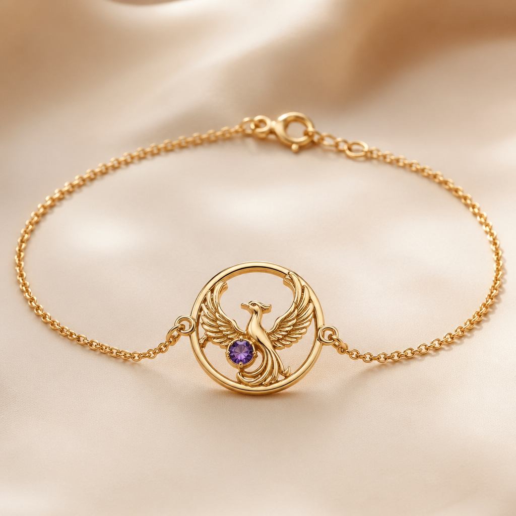 A minimalist women's bracelet made of gold with amethyst stones suitable for daily wear. fio dourado, ouro, a joia em si, um circulo com a fenix no centro segurando a oedra pequena amethist. Um fio dimples para usar no dia a dia com um toque de charm
photorealistic jewelry design, A minimalist women's bracelet made of gold with amethyst stones suitable for daily wear. fio dourado, ouro, a joia em si, um circulo com a fenix no centro segurando a oedra pequena amethist. Um fio dimples para usar no dia a dia com um toque de charm, minimalist style, just the design no text