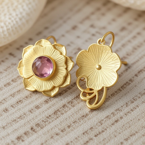 Gold-colored matte ring earrings. Diameter 1 cm. A flat lotus pendant with 6 petals. Pink quartz in the center of the lotus
