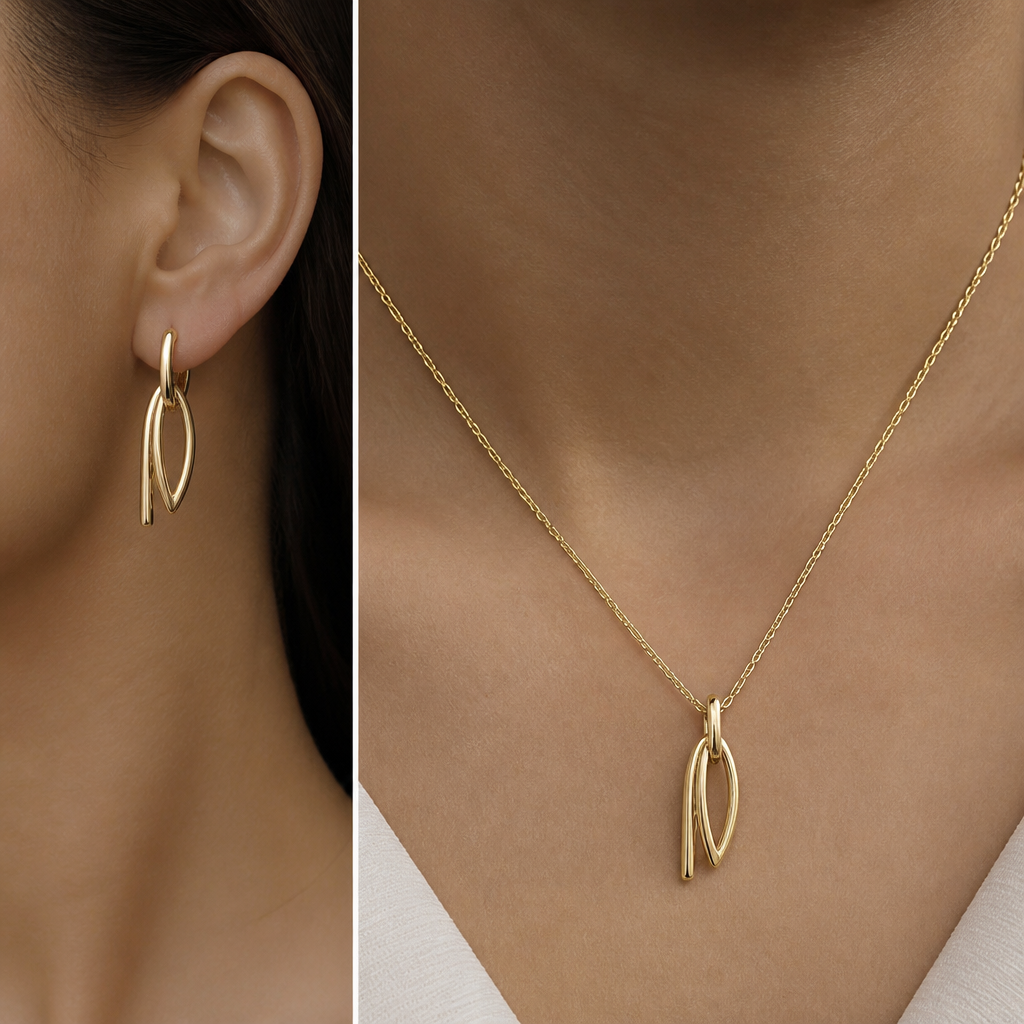 A modern women's necklace made of gold. create matching necklace for this earring
photorealistic jewelry design, A modern women's necklace made of gold. create matching necklace for this earring, modern style, just the design no text