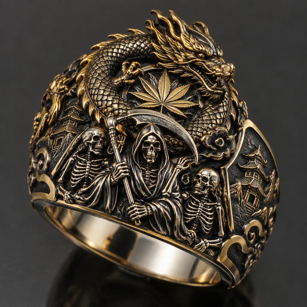 A asian-inspired men's ring made of mixed metal suitable for formal. a dragon with a potleaf a reaper and 2 skeltons
photorealistic jewelry design, A asian-inspired men's ring made of mixed metal suitable for formal. a dragon with a potleaf a reaper and 2 skeltons, asian_inspired style, just the design no text