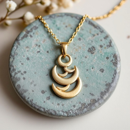 Подвеска из трех полумесяцев из матового неровного светлого золота с узорами соединенных цепочкой сверху самый широкий полукруг дальше средний и снизу самый маленький