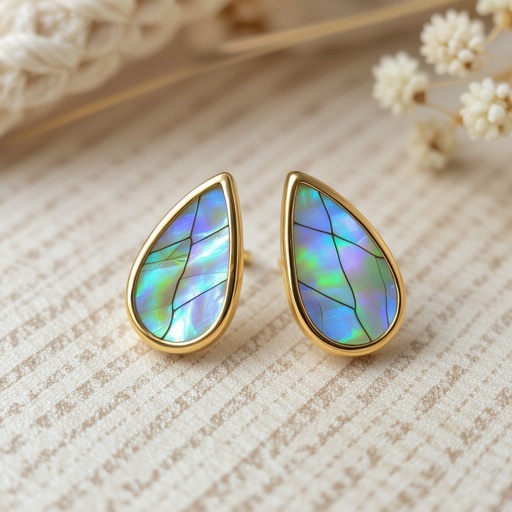 Серьги золотые в виде бирюзового с переливами половины крыла бабочки из перламутра 