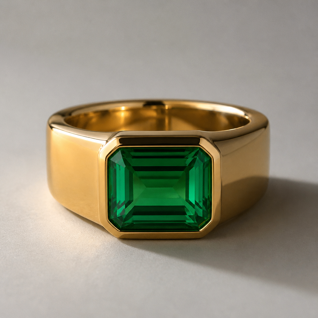 Chunky ring, english band with 4ct emerald cut emerald stone
photorealistic jewelry design, Chunky ring, english band with 4ct emerald cut emerald stone
, gold style, just the design no text