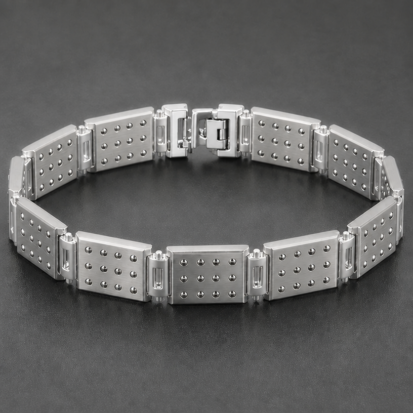 the chains between the squares should also be 18k white gold.
edit the attached jewelry design with these instructions: the chains between the squares should also be 18k white gold.. keep it photorealistic, just the design no text