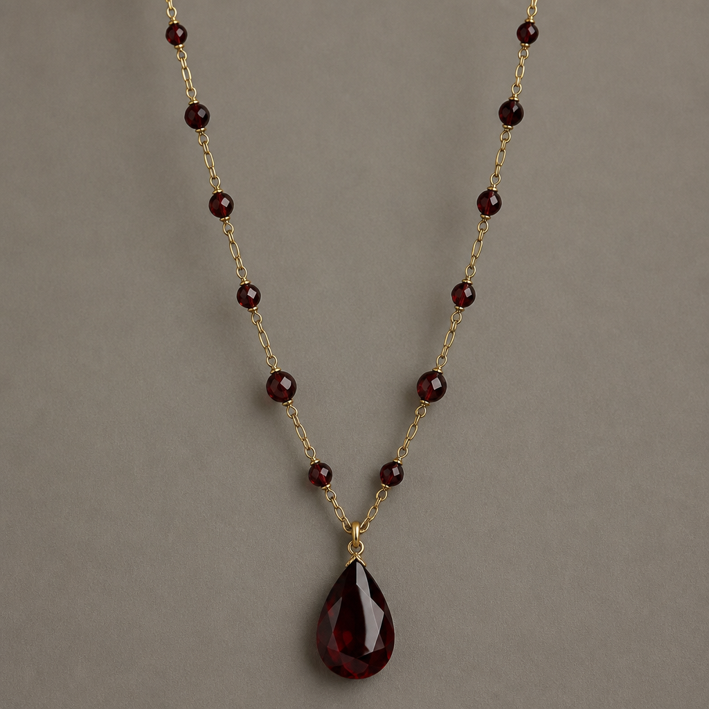 A vintage women's necklace made of gold with garnet stones. Garnet beads with gold tone metal and large teardrop gem pendent. The pendant can be without any metal- just the gemstone. If possible less goldtone on necklace and bigger space between beads
photorealistic jewelry design, A vintage women's necklace made of gold with garnet stones. Garnet beads with gold tone metal and large teardrop gem pendent. The pendant can be without any metal- just the gemstone. If possible less goldtone on necklace and bigger space between beads, vintage style, just the design no text