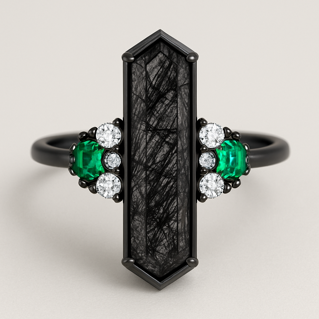 Skinny long Hexagon cut Black rutilated quartz with 1 emerald on each side and 2 moissanite on each side accent stones in a cluster on a black band