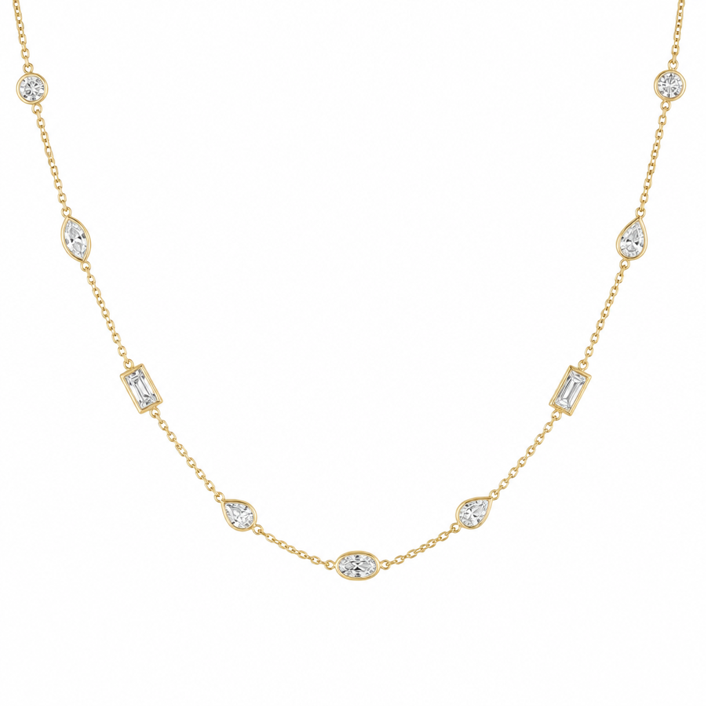 Various shape melee diamonds in station necklace
photorealistic jewelry design, Various shape melee diamonds in station necklace, classic style, just the design no text
