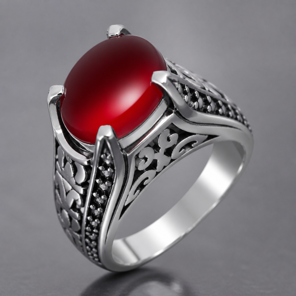 A men's ring made of silver, detailed and decorative, moderately ornate. انگشتر مردانه رکاب چهارچنگ از جنس نقره با سنگ عقیق دونه اناری
photorealistic jewelry design, A men's ring made of silver, detailed and decorative, moderately ornate. انگشتر مردانه رکاب چهارچنگ از جنس نقره با سنگ عقیق دونه اناری, modern style, just the design no text