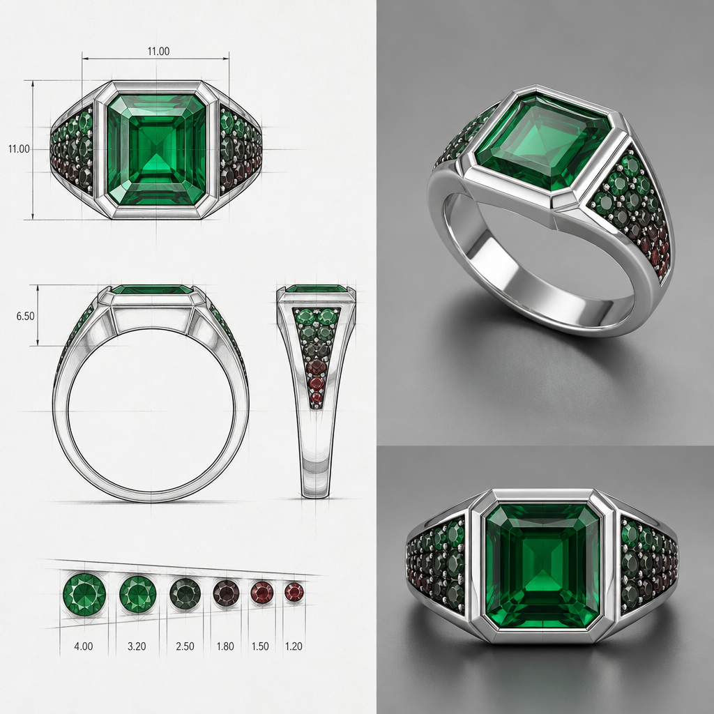A scandinavian men's ring made of silver with emerald and garnet stones. a square emerald cut 11mm by 11mm emerald in a signet ring with garnets on the side between 3 and 10 on each side that goes from really dark red to green garnet at the top on the sides close to the emerald also making the green garnet 4mm and going a size smaller until the dark red at the bottom at 1.2mm
i would like a detailed sketch with mesures and also a photo realistique of the ring
photorealistic jewelry design, A scandinavian men's ring made of silver with emerald and garnet stones. a square emerald cut 11mm by 11mm emerald in a signet ring with garnets on the side between 3 and 10 on each side that goes from really dark red to green garnet at the top on the sides close to the emerald also making the green garnet 4mm and going a size smaller until the dark red at the bottom at 1.2mm
i would like a detailed sketch with mesures and also a photo realistique of the ring, scandinavian style, just the design no text