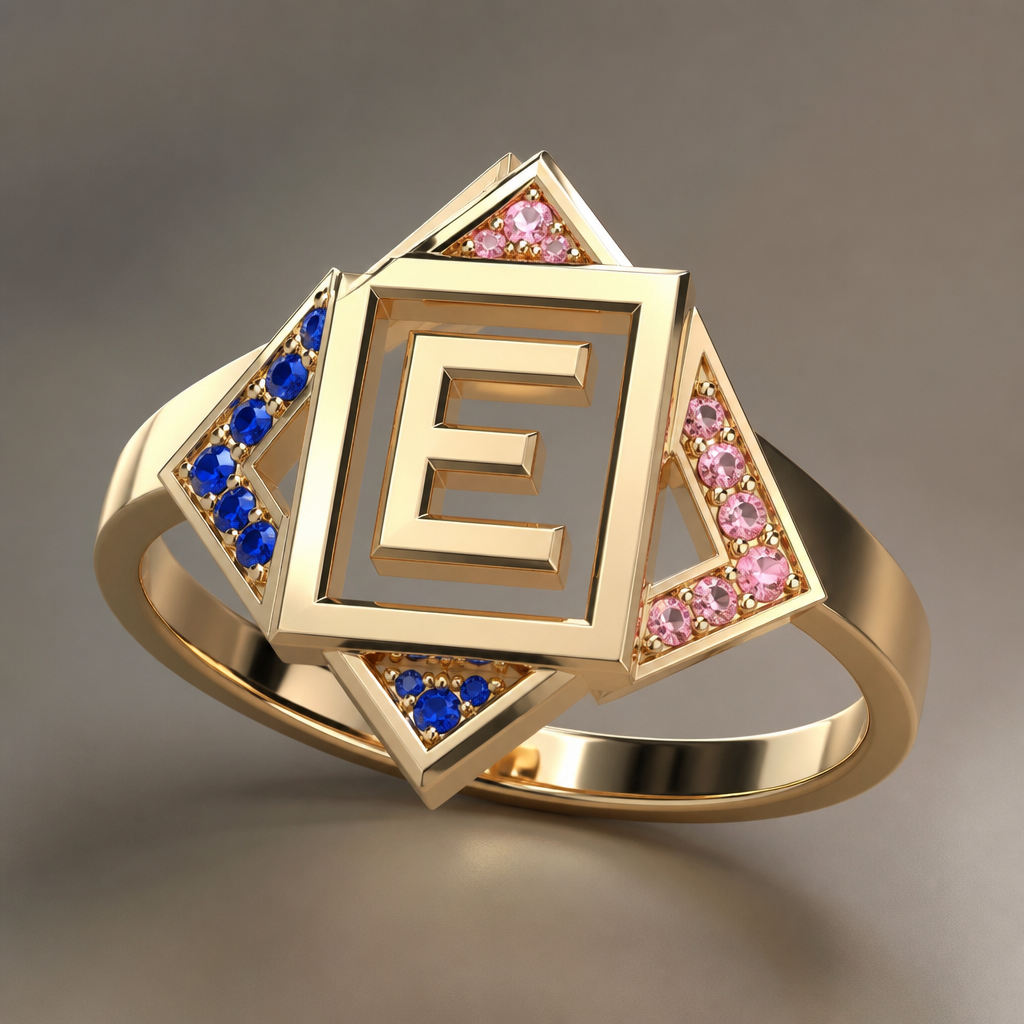 A geometric women's ring made of gold. um anel de 15 anos com inicial E com pedrinhas azul e pedrinhas rosa em volta
photorealistic jewelry design, A geometric women's ring made of gold. um anel de 15 anos com inicial E com pedrinhas azul e pedrinhas rosa em volta, geometric style, just the design no text