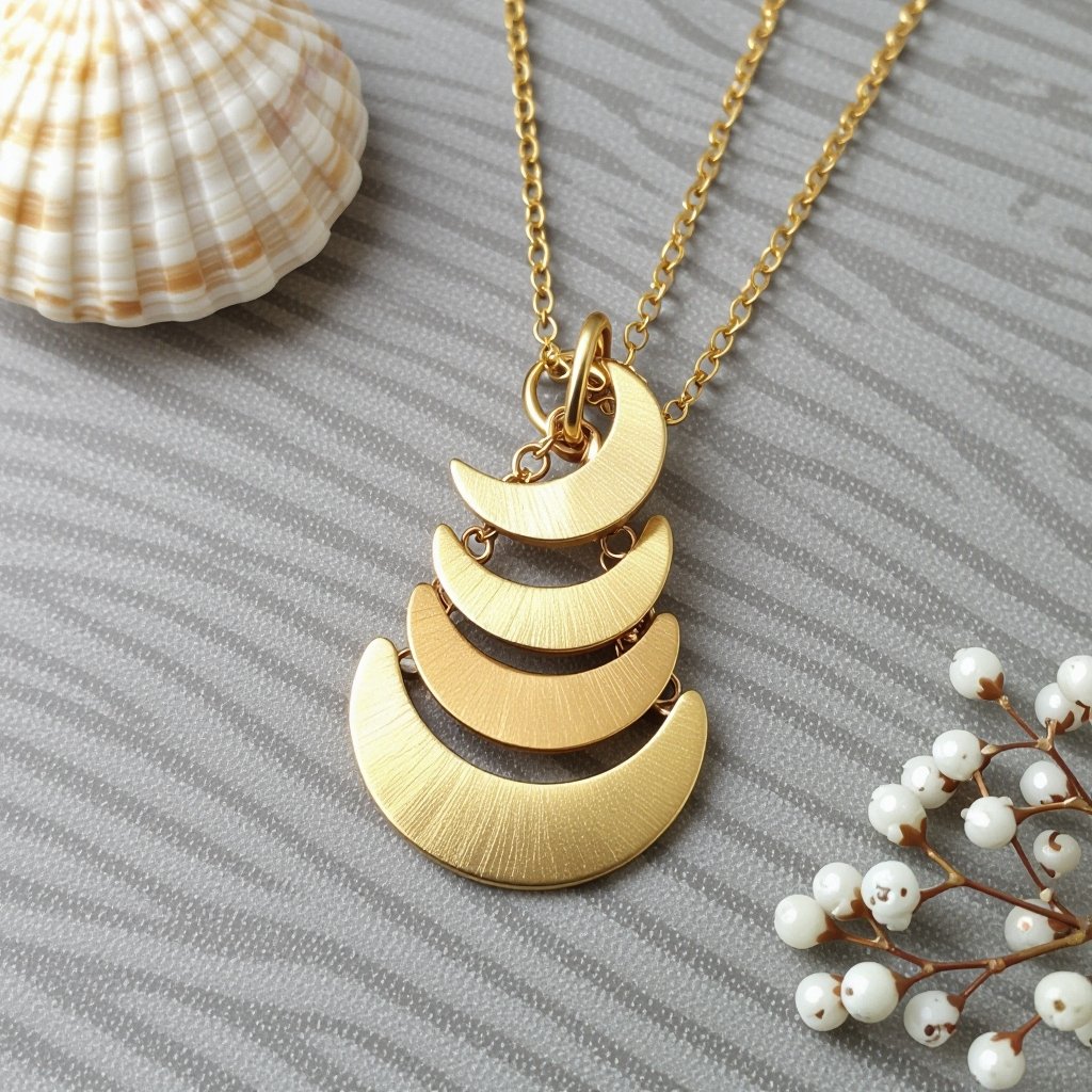 Подвеска из трех полумесяцев из матового неровного светлого золота соединенных цепочкой сверху самый широкий полукруг дальше средний и снизу самый маленький