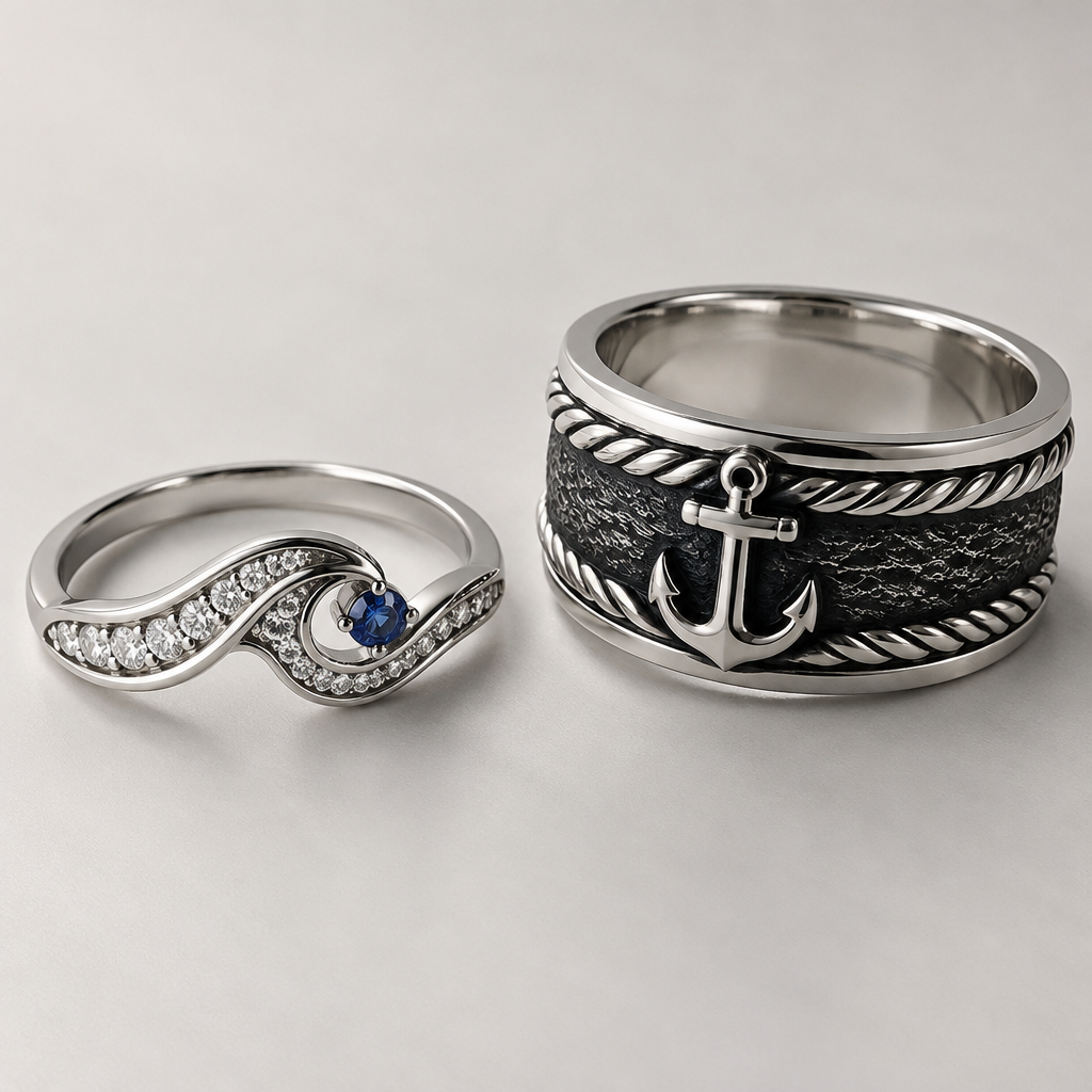 A women's ring made of silver. nautical them men's ring
photorealistic jewelry design, A women's ring made of silver. nautical them men's ring, modern style, just the design no text