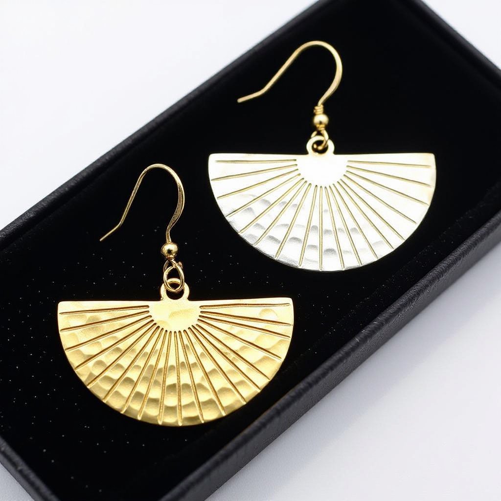 Золотые серьги полукруг половинка горящего солнца мятое неровное золото лучи волнистые другая половинка круга серебряная 