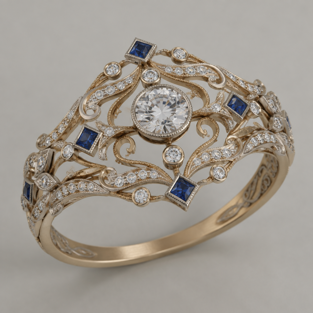 A edwardian women's ring made of mixed metal with diamond and sapphire stones. design ring using 33 .10 carat diamonds, 7 .10 carat square sapphires, and one .50 carat round diamond. metals should be white and yellow gold with a matte finish. do not cluster gems. gems should float over the band
photorealistic jewelry design, A edwardian women's ring made of mixed metal with diamond and sapphire stones. design ring using 33 .10 carat diamonds, 7 .10 carat square sapphires, and one .50 carat round diamond. metals should be white and yellow gold with a matte finish. do not cluster gems. gems should float over the band, edwardian style, just the design no text