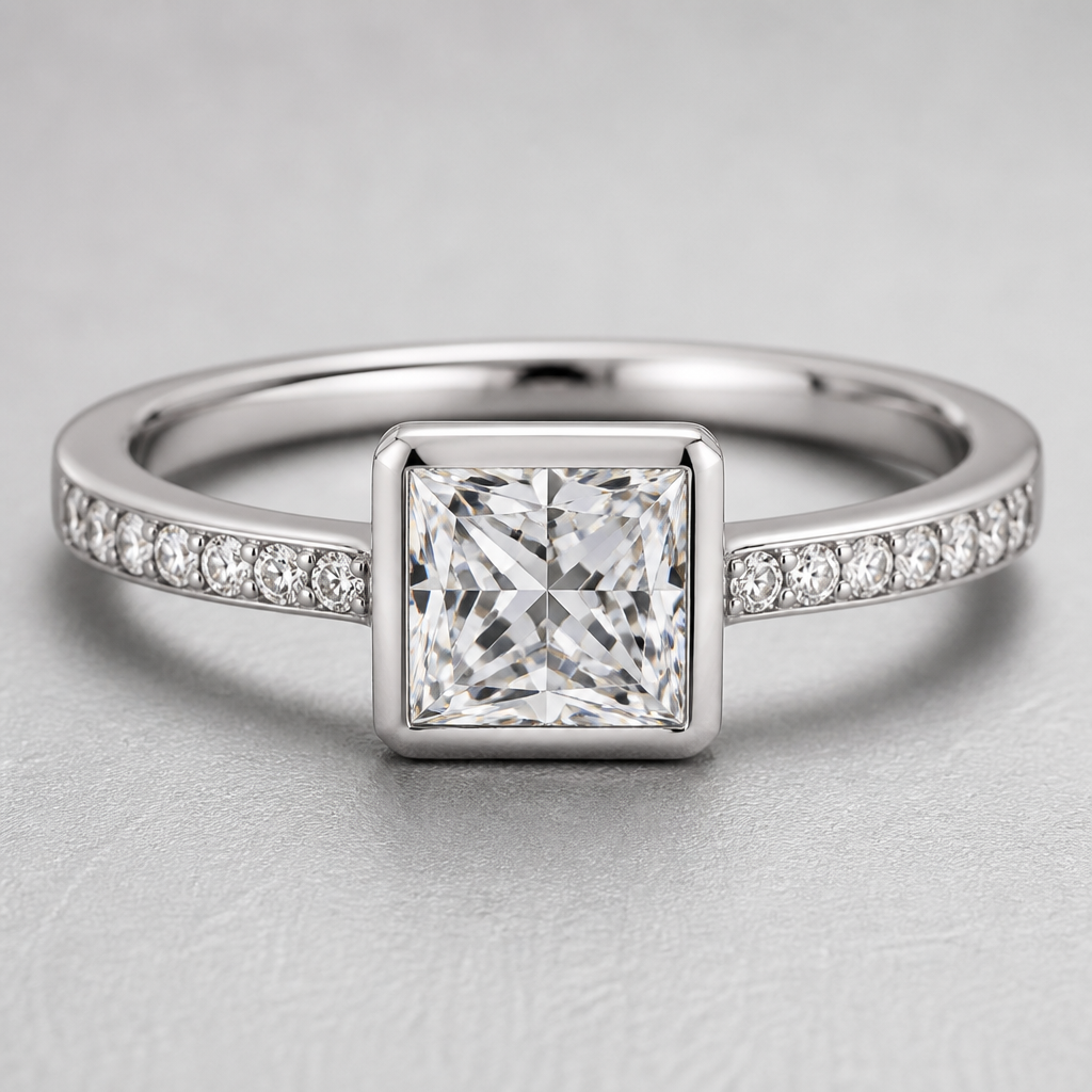 A women's ring. a square shaped diamond engagement ring
photorealistic jewelry design, A women's ring. a square shaped diamond engagement ring, modern style, just the design no text