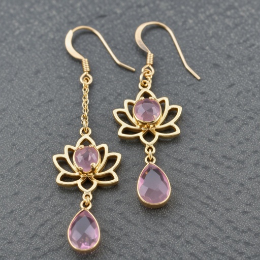 Светлое матовое золото. Серьги с лотосом на длинных цепочках. По центру лотоса камень необрабаботанного розового кварца, от лотоса идет цепочка с еще одним камнем кварца на конце. Серьги тонкие и легкие