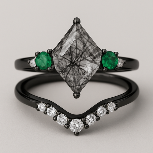 Kite cut Black rutilated quartz with 1 emerald on each side and 3 moissanite on each side accent stones in a cluster on a black band, separate wedding band black with moissanite stones that curves around the main stone 