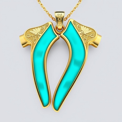 Silver pendant in the shape of ice skating blades with a turquoise stripe within the blade