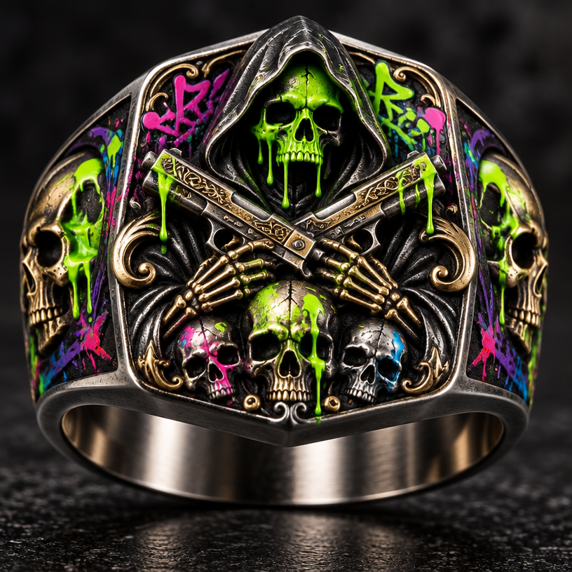 A gothic men's ring made of mixed metal suitable for formal. a reaper with skeletonswith neon graffiti around the skull and pistols crossing "the family " written in old english
using the attached image as a visual reference, create A gothic men's ring made of mixed metal suitable for formal. a reaper with skeletonswith neon graffiti around the skull and pistols crossing "the family " written in old english. photorealistic, just the design no text