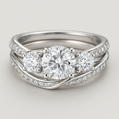 3 stone round 4 carat twisted pave band with wedding band