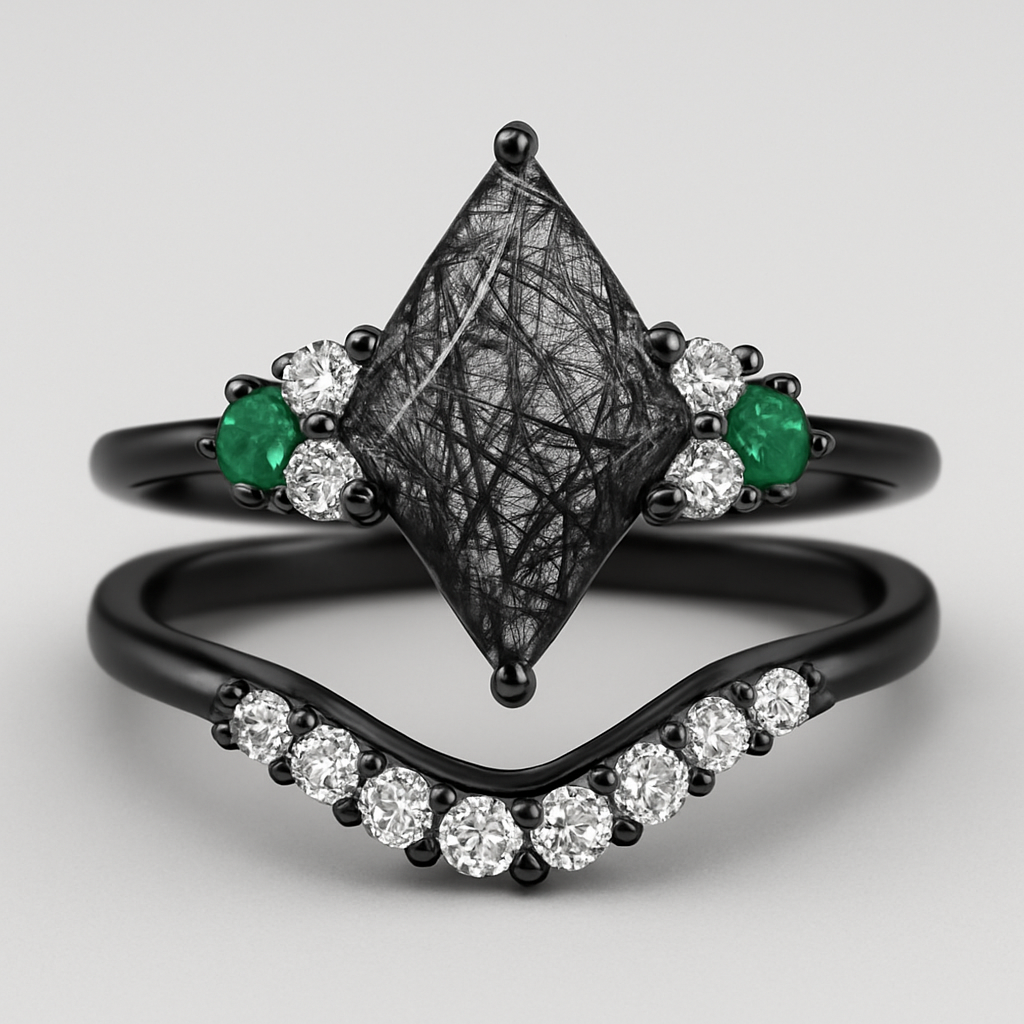 Skinny Kite cut Black rutilated quartz with 1 emerald on each side and 3 moissanite on each side accent stones in a cluster on a black band, separate wedding band black with moissanite stones that curves around the main stone 