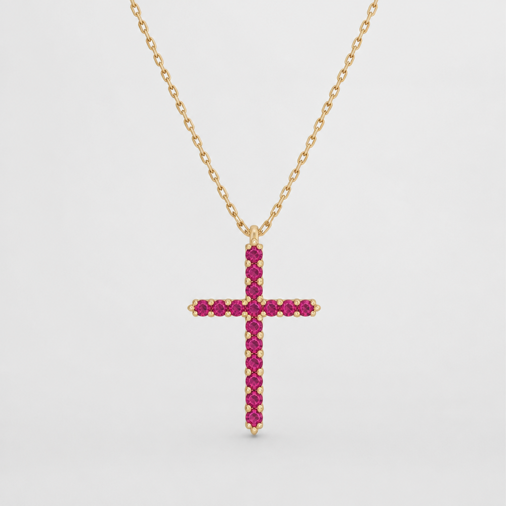 Dainty and feminine Gold cross with pavé rubies
photorealistic jewelry design, Dainty and feminine Gold cross with pavé rubies , contemporary style, just the design no text