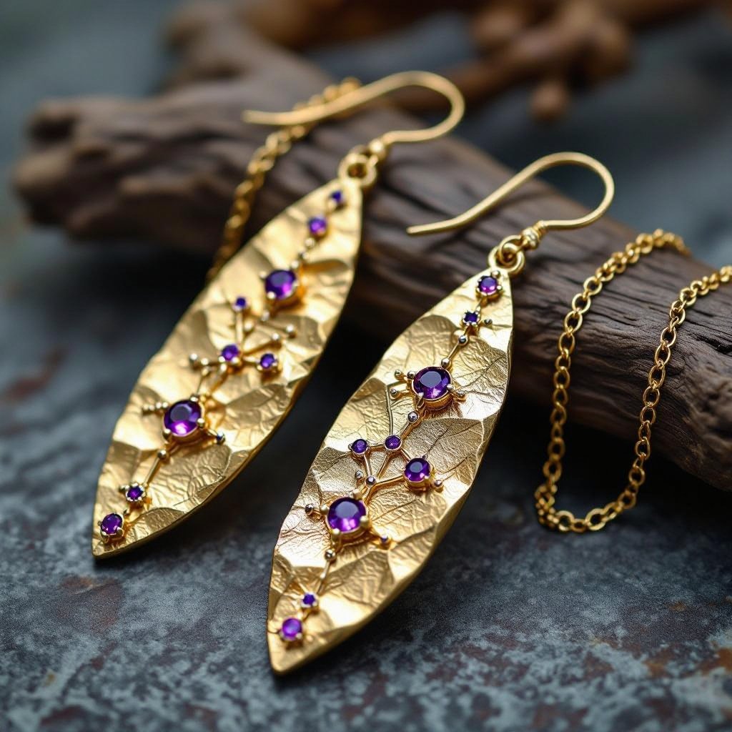 Серьги длинные на цепочках матовое золото мятое. Символ схематично созвездие. Маленькие фиолетовые камушки