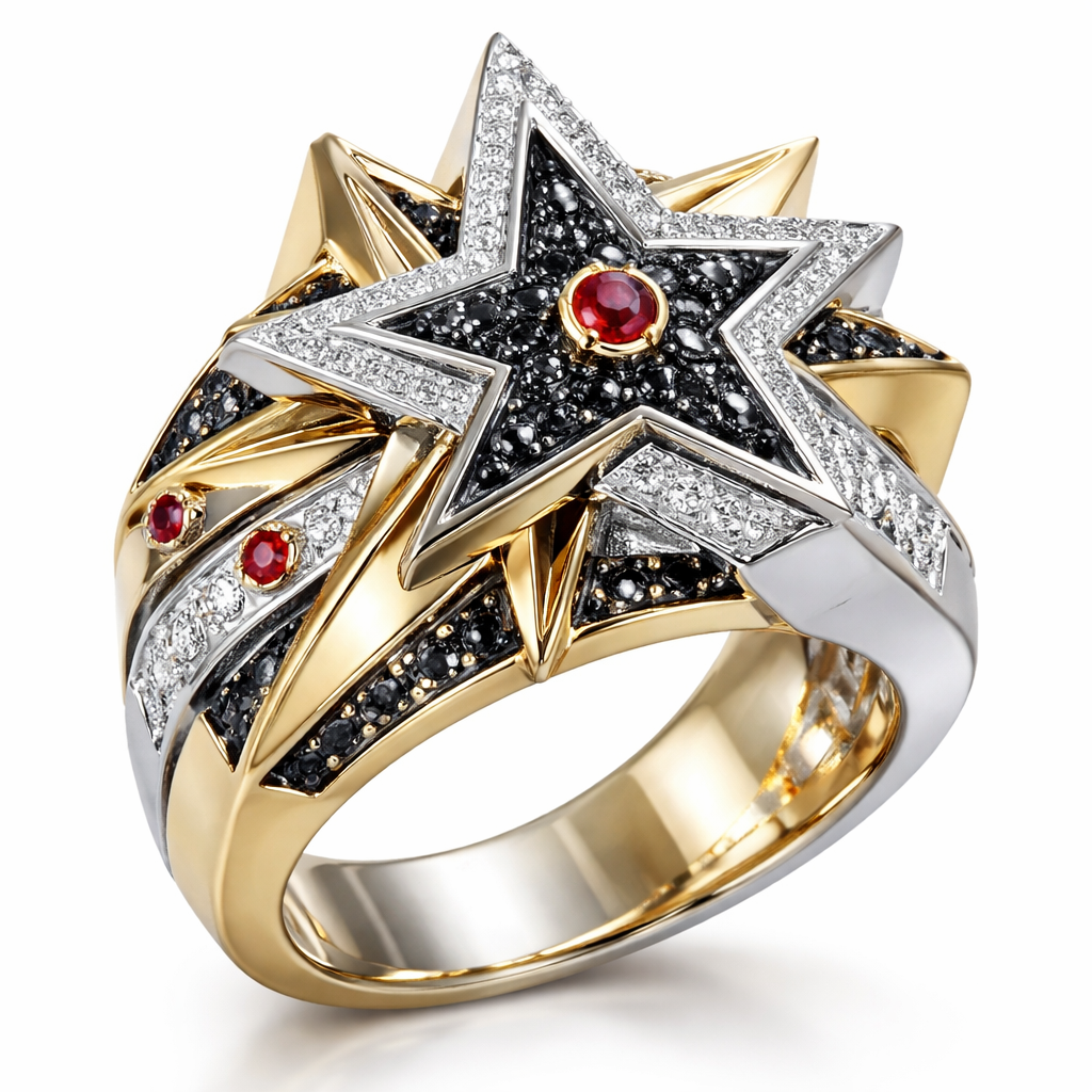 Unique modern edgy ring of Unique design of edges and bold shapes of nice unique star with black diamonds and white diamonds of white background combined yellow and white gold with little small red stones