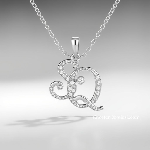 silver necklace with the pendant in conjoined letters SQ with white  stones. Make it cute and simple 