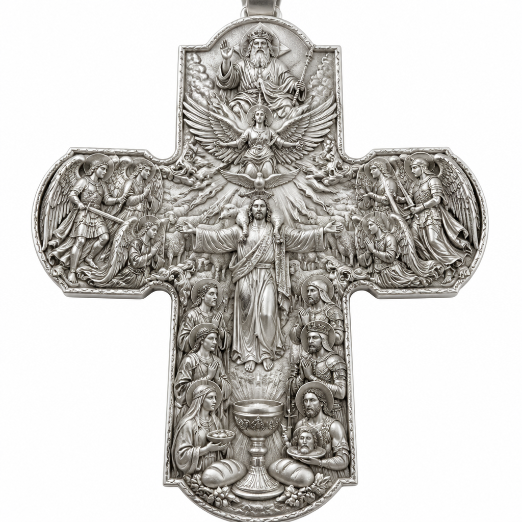 A royal women's pendant made of silver suitable for festival. An extraordinary excellent beautiful delicate and elegant, super modern Cross, without stones, without background only the Cross, with Jesus Christ as the Good Shepherd with a beautiful delicate and elegant face, with long hair, with a beautiful delicate elegant and fit body, with His hands wide open to receive all of us, with a beautiful delicate elegant and beautifully ornated tunic, with a beautiful delicate and elegant sheep on His shoulders, with a beautiful delicate and elegant flock of beautiful delicate and elegant sheep backward of Him. Over Jesus Christ and the flock to be placed the Holy Spirit as an Angel with a beautiful delicate and elegant face, with long hair, with big wings flying, with a beautiful delicate elegant and fit body, with a beautiful delicate elegant and beautifully ornated tunic under the Angel to be placed a beautiful delicate and elegant dove flying both of them the Angel and the dove to be surrounded by tongues of fire radiating light to Jesus Christ and the flock. Over the Holy Spirit to be placed God the Father with a beautiful delicate and elegant face, with long hair, with a beautiful delicate elegant and fit body, with a beautiful delicate and elegant tunic, with a beautiful delicate and elegant sceptre at His left hand blessing the world with His right hand, with a beautiful delicate elegant and beautifully ornated crown on His head. At the bottom of the Cross to be placed the Holy Communion with a beautiful delicate elegant and beautifully ornated chalice and two breads around the chalice. At the lower right side of the Cross to be stacked one by one Saint John the Baptist with a beautiful delicate elegant and beautifully ornated platter with his head on it. Over Saint John the Baptist to be placed Saint Constantine with a beautiful delicate and elegant face, with long hair, with a beautiful delicate and elegant crown on his head, with a beautiful delicate elegant and fit body, with a beautiful delicate and elegant armour holding a beautiful delicate elegant and beautifully ornated Cross. Over Saint Constantine to be placed Saint George with a beautiful delicate and elegant face, with long hair, with a beautiful delicate elegant and beautifully ornated helmet with a beautiful delicate elegant and fit body, with a beautiful delicate elegant and beautifully ornated armour, holding a beautiful delicate and elegant sword with his right hand at low position and near the floor giving respect to the Holy Trinity and Praying. Over Saint George to be placed Saint Peter the Apostle Praying. At the left lower side of the Cross to be placed stacked Saint Paraskevi with a beautiful delicate and elegant face, with long hair, with a beautiful delicate elegant and beautifully curved body, with a beautiful delicate elegant and beautifully ornated tunic holding a bowl with two eyes in it. Over Saint Paraskevi to be placed Saint Irene with a beautiful delicate and elegant face, with long hair, with a beautiful delicate elegant and beautifully ornated wreath on her head, with a beautiful delicate elegant and beautifully curved body, with a beautiful delicate elegant and beautifully ornated tunic Praying. Over Saint Irene to be placed Virgo Maria with a beautiful delicate and elegant face, with beautifully ornated long hair, with a beautiful delicate elegant and beautifully curved body, with a beautiful delicate elegant and beautifully ornated tunic Praying. Over Virgo Maria to be placed Saint Paul the Apostle Praying. At the right side of the Cross to be placed Saint Michael the Archangel with a beautiful delicate and elegant face, with long hair, with a beautiful delicate elegant and beautifully ornated helmet, with a beautiful delicate elegant and fit body, with big wings flying, with a beautiful delicate elegant and beautifully ornated armour, holding His beautiful delicate elegant and beautifully ornated sword low to the ground giving respect to the Holy Trinity and Praying. In front of Saint Michael the Archangel to be placed Saint Gabriel the Archangel with a beautiful delicate and elegant face, with long hair, with a beautiful delicate elegant and beautifully ornated helmet on His head, with a beautiful delicate elegant and fit body, with big wings flying, with a beautiful delicate elegant and beautifully ornated armour, holding a beautiful delicate elegant and beautifully ornated bucket of lilyes and Praying. At the left side of the Cross to be placed Saint Rafael the Archangel with a beautiful delicate and elegant face, with long hair, with a beautiful delicate elegant and beautifully ornated helmet, with a beautiful delicate elegant and fit body, with big wings flying, with a beautiful delicate elegant and beautifully ornated armour, holding a beautiful delicate elegant and beautifully ornated sword with his right hand low giving respect to the Holy Trinity and Praying. In front of Saint Rafael the Archangel to be placed the Guardian Angel with a beautiful delicate and elegant face, with long hair, with a beautiful delicate elegant and beautifully ornated with flowers wreath on His head, with a beautiful delicate elegant and fit body, with a beautiful delicate elegant and beautifully ornated tunic Praying. Make all the Angels, the Saints, God the Father, the Holy Spirit and Jesus Christ and the flock as statues.
photorealistic jewelry design, A royal women's pendant made of silver suitable for festival. An extraordinary excellent beautiful delicate and elegant, super modern Cross, without stones, without background only the Cross, with Jesus Christ as the Good Shepherd with a beautiful delicate and elegant face, with long hair, with a beautiful delicate elegant and fit body, with His hands wide open to receive all of us, with a beautiful delicate elegant and beautifully ornated tunic, with a beautiful delicate and elegant sheep on His shoulders, with a beautiful delicate and elegant flock of beautiful delicate and elegant sheep backward of Him. Over Jesus Christ and the flock to be placed the Holy Spirit as an Angel with a beautiful delicate and elegant face, with long hair, with big wings flying, with a beautiful delicate elegant and fit body, with a beautiful delicate elegant and beautifully ornated tunic under the Angel to be placed a beautiful delicate and elegant dove flying both of them the Angel and the dove to be surrounded by tongues of fire radiating light to Jesus Christ and the flock. Over the Holy Spirit to be placed God the Father with a beautiful delicate and elegant face, with long hair, with a beautiful delicate elegant and fit body, with a beautiful delicate and elegant tunic, with a beautiful delicate and elegant sceptre at His left hand blessing the world with His right hand, with a beautiful delicate elegant and beautifully ornated crown on His head. At the bottom of the Cross to be placed the Holy Communion with a beautiful delicate elegant and beautifully ornated chalice and two breads around the chalice. At the lower right side of the Cross to be stacked one by one Saint John the Baptist with a beautiful delicate elegant and beautifully ornated platter with his head on it. Over Saint John the Baptist to be placed Saint Constantine with a beautiful delicate and elegant face, with long hair, with a beautiful delicate and elegant crown on his head, with a beautiful delicate elegant and fit body, with a beautiful delicate and elegant armour holding a beautiful delicate elegant and beautifully ornated Cross. Over Saint Constantine to be placed Saint George with a beautiful delicate and elegant face, with long hair, with a beautiful delicate elegant and beautifully ornated helmet with a beautiful delicate elegant and fit body, with a beautiful delicate elegant and beautifully ornated armour, holding a beautiful delicate and elegant sword with his right hand at low position and near the floor giving respect to the Holy Trinity and Praying. Over Saint George to be placed Saint Peter the Apostle Praying. At the left lower side of the Cross to be placed stacked Saint Paraskevi with a beautiful delicate and elegant face, with long hair, with a beautiful delicate elegant and beautifully curved body, with a beautiful delicate elegant and beautifully ornated tunic holding a bowl with two eyes in it. Over Saint Paraskevi to be placed Saint Irene with a beautiful delicate and elegant face, with long hair, with a beautiful delicate elegant and beautifully ornated wreath on her head, with a beautiful delicate elegant and beautifully curved body, with a beautiful delicate elegant and beautifully ornated tunic Praying. Over Saint Irene to be placed Virgo Maria with a beautiful delicate and elegant face, with beautifully ornated long hair, with a beautiful delicate elegant and beautifully curved body, with a beautiful delicate elegant and beautifully ornated tunic Praying. Over Virgo Maria to be placed Saint Paul the Apostle Praying. At the right side of the Cross to be placed Saint Michael the Archangel with a beautiful delicate and elegant face, with long hair, with a beautiful delicate elegant and beautifully ornated helmet, with a beautiful delicate elegant and fit body, with big wings flying, with a beautiful delicate elegant and beautifully ornated armour, holding His beautiful delicate elegant and beautifully ornated sword low to the ground giving respect to the Holy Trinity and Praying. In front of Saint Michael the Archangel to be placed Saint Gabriel the Archangel with a beautiful delicate and elegant face, with long hair, with a beautiful delicate elegant and beautifully ornated helmet on His head, with a beautiful delicate elegant and fit body, with big wings flying, with a beautiful delicate elegant and beautifully ornated armour, holding a beautiful delicate elegant and beautifully ornated bucket of lilyes and Praying. At the left side of the Cross to be placed Saint Rafael the Archangel with a beautiful delicate and elegant face, with long hair, with a beautiful delicate elegant and beautifully ornated helmet, with a beautiful delicate elegant and fit body, with big wings flying, with a beautiful delicate elegant and beautifully ornated armour, holding a beautiful delicate elegant and beautifully ornated sword with his right hand low giving respect to the Holy Trinity and Praying. In front of Saint Rafael the Archangel to be placed the Guardian Angel with a beautiful delicate and elegant face, with long hair, with a beautiful delicate elegant and beautifully ornated with flowers wreath on His head, with a beautiful delicate elegant and fit body, with a beautiful delicate elegant and beautifully ornated tunic Praying. Make all the Angels, the Saints, God the Father, the Holy Spirit and Jesus Christ and the flock as statues., royal style, just the design no text