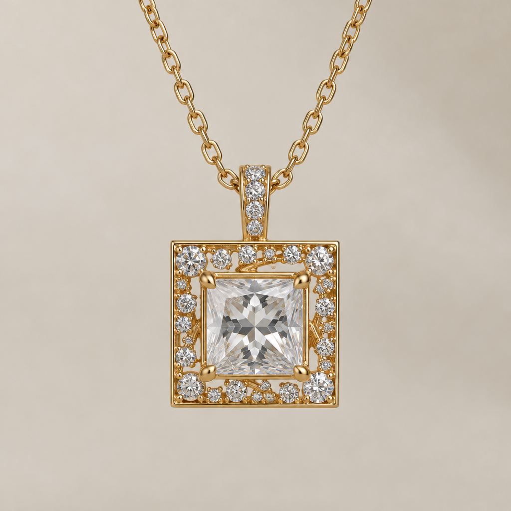 A women's pendant. square pendant with a cntre lab diamond and smalls diamonds scatters around it
photorealistic jewelry design, A women's pendant. square pendant with a cntre lab diamond and smalls diamonds scatters around it, modern style, just the design no text