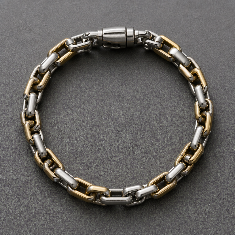 A industrial women's bracelet made of mixed metal suitable for formal, ultra-minimalist, very simple and clean, understated, no embellishments. 鋼製手鏈
using the attached image as a visual reference, create A industrial women's bracelet made of mixed metal suitable for formal, ultra-minimalist, very simple and clean, understated, no embellishments. 鋼製手鏈. photorealistic, just the design no text