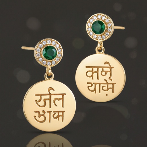 Серьги золотые в форме полукруга, полукруг как продолжение застежки, на полукруге надписи мантрами на санскрите