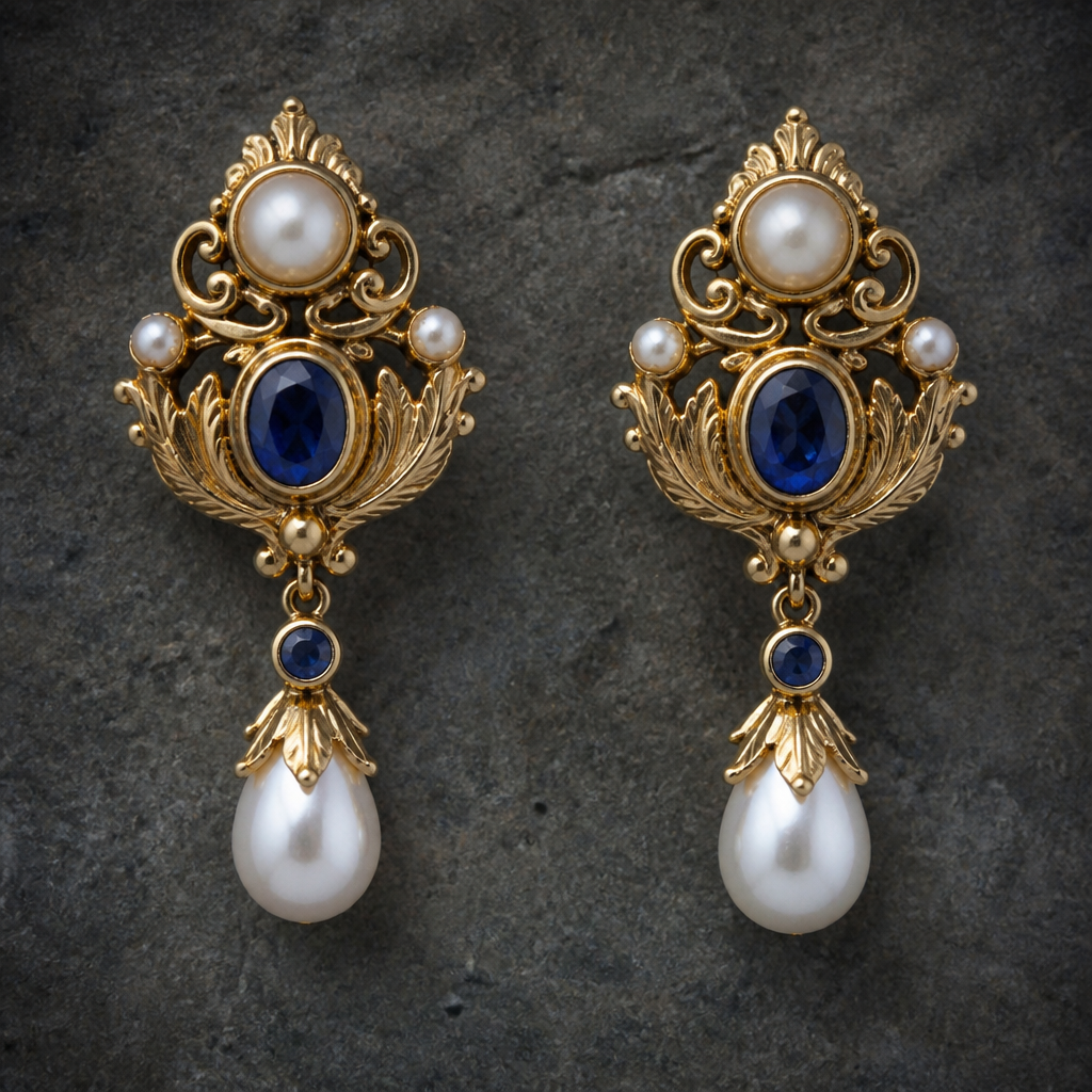 A vintage women's earrings made of gold with pearl and sapphire stones, detailed and decorative, moderately ornate