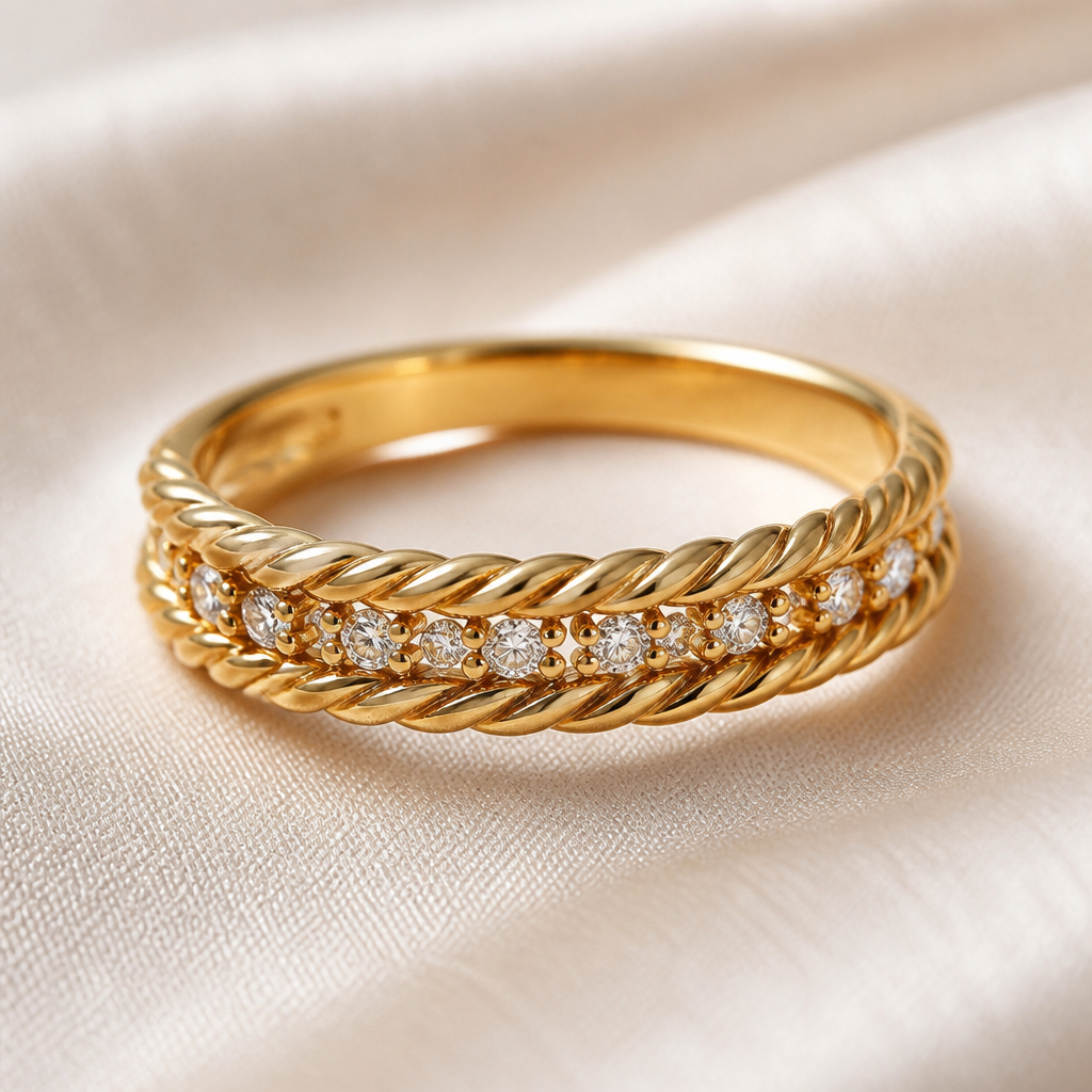 Gold Double rope band with tiny diamonds inbetween
photorealistic jewelry design, Gold Double rope band with tiny diamonds inbetween, minimalist style, just the design no text