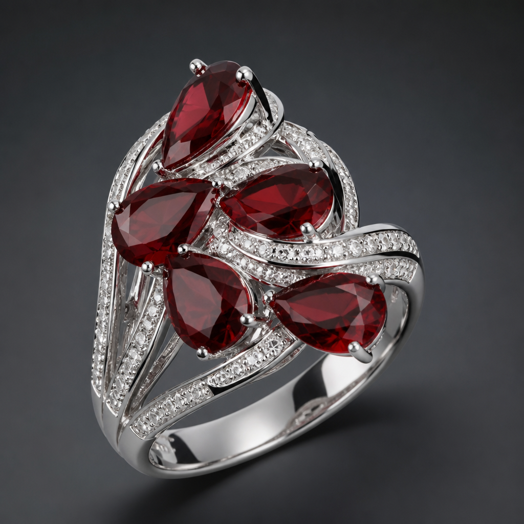 A cocktail women's ring made of white gold with diamond and garnet stones suitable for party
photorealistic jewelry design, A cocktail women's ring made of white gold with diamond and garnet stones suitable for party, cocktail style, just the design no text