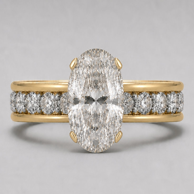 no bezel and open wall on west and east side of the stone
edit the attached jewelry design with these instructions: no bezel and open wall on west and east side of the stone. keep it photorealistic, just the design no text
